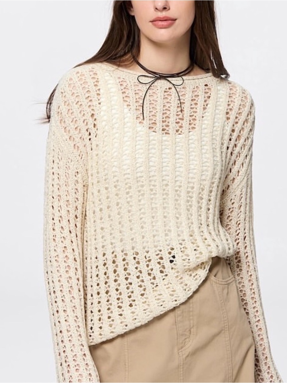 GU Cream Open-Knit Crewneck Sweater